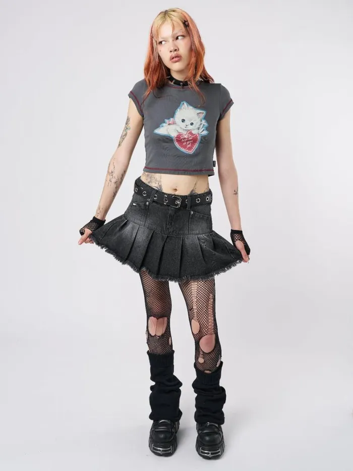 Clothing Minga London Crop Tops Cute Kitty Grey Baby Tee