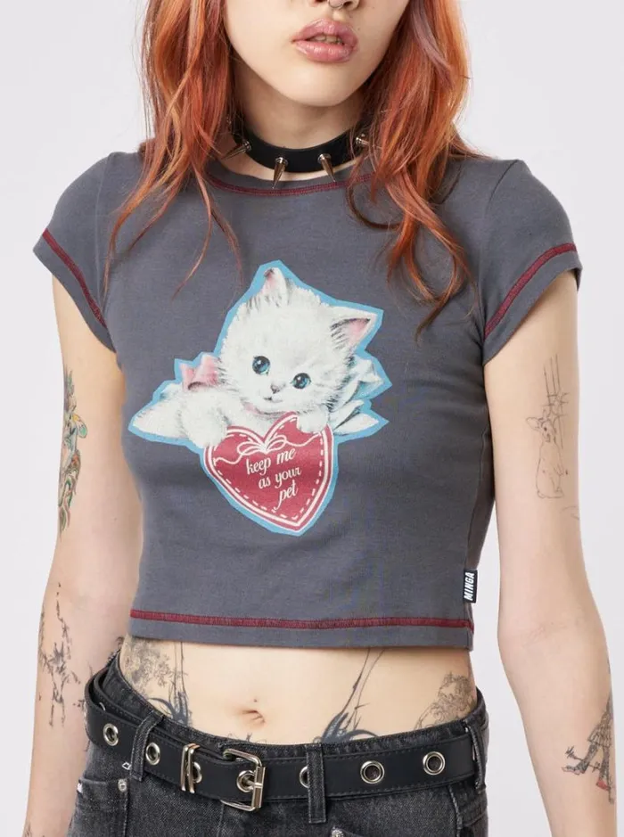Clothing Minga London Crop Tops Cute Kitty Grey Baby Tee