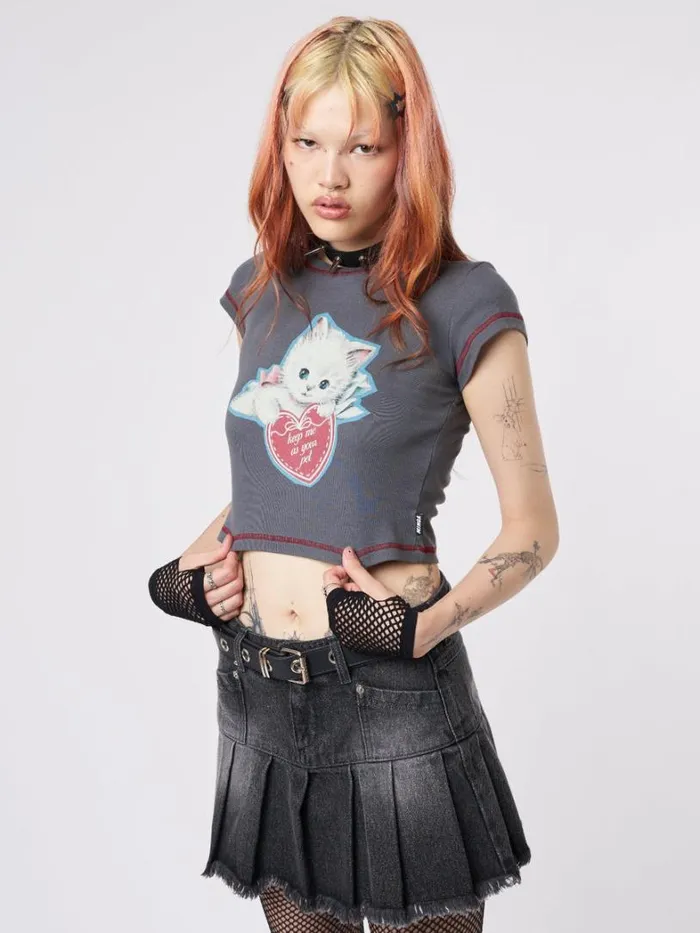 Clothing Minga London Crop Tops Cute Kitty Grey Baby Tee