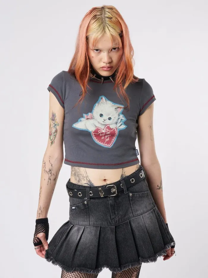 Clothing Minga London Crop Tops Cute Kitty Grey Baby Tee