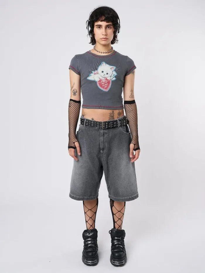 Clothing Minga London Crop Tops Cute Kitty Grey Baby Tee