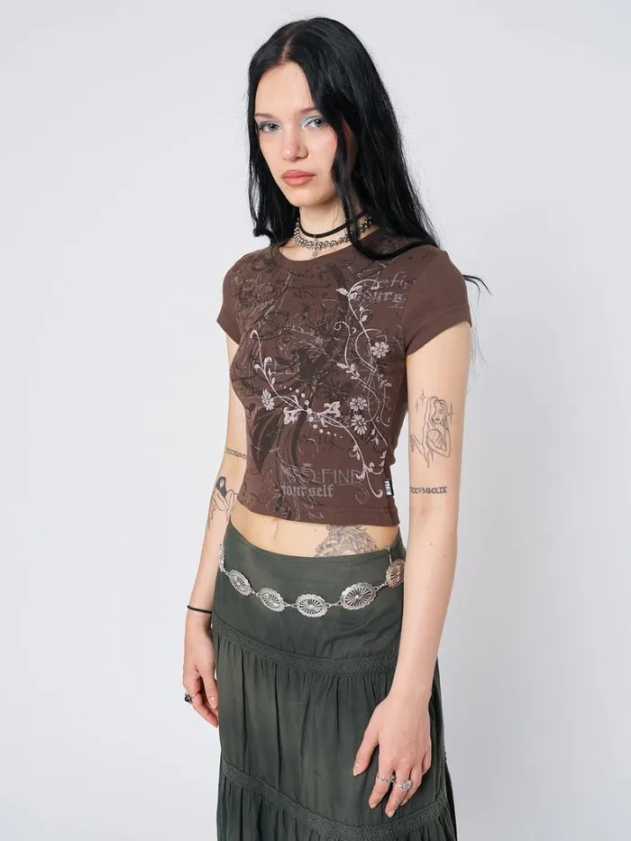 Clothing Minga London Crop Tops Find Yourself Brown Graphic Baby Tee