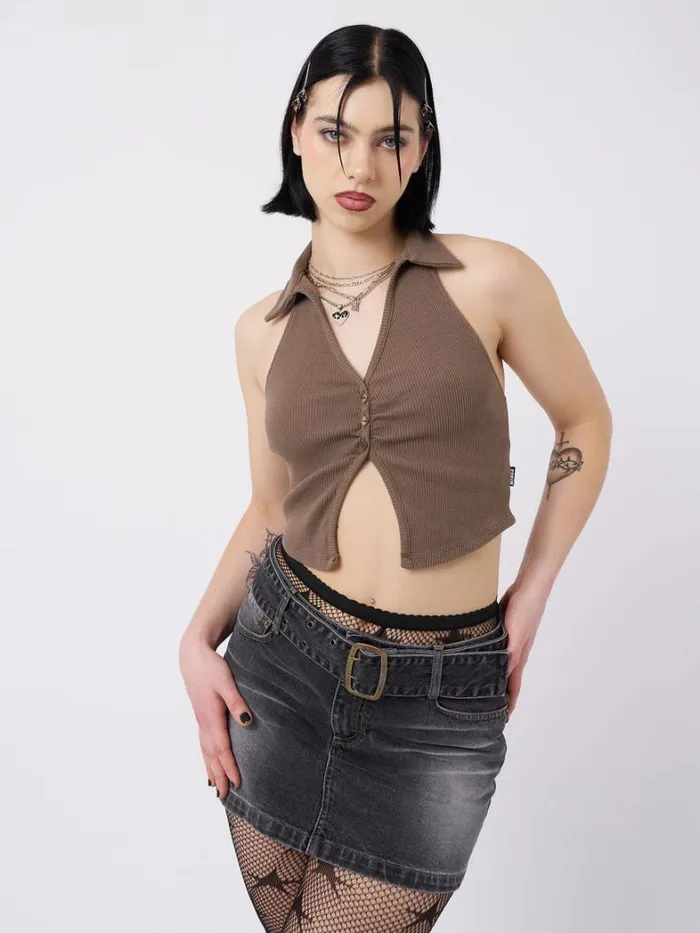 Clothing Minga London Crop Tops Raya Taupe Halter Neck Collar Top