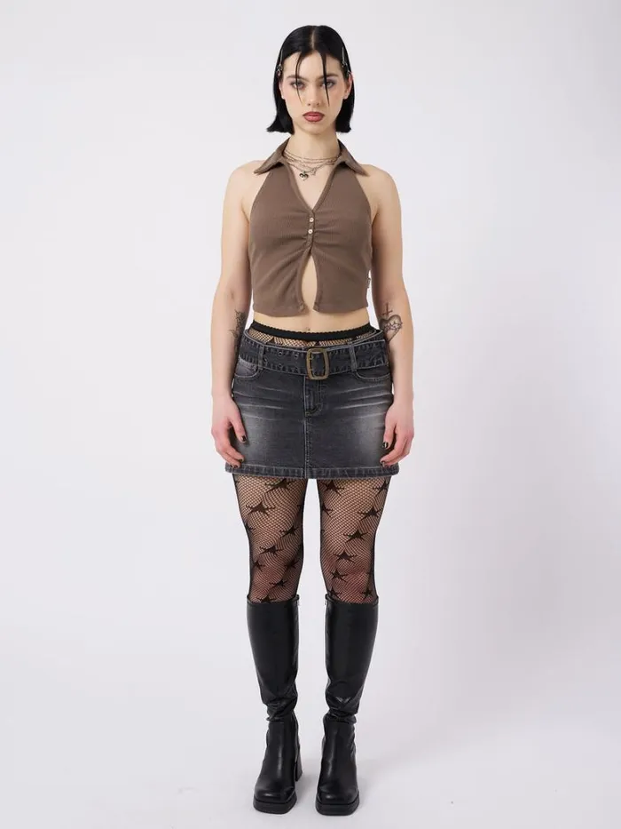 Clothing Minga London Crop Tops Raya Taupe Halter Neck Collar Top