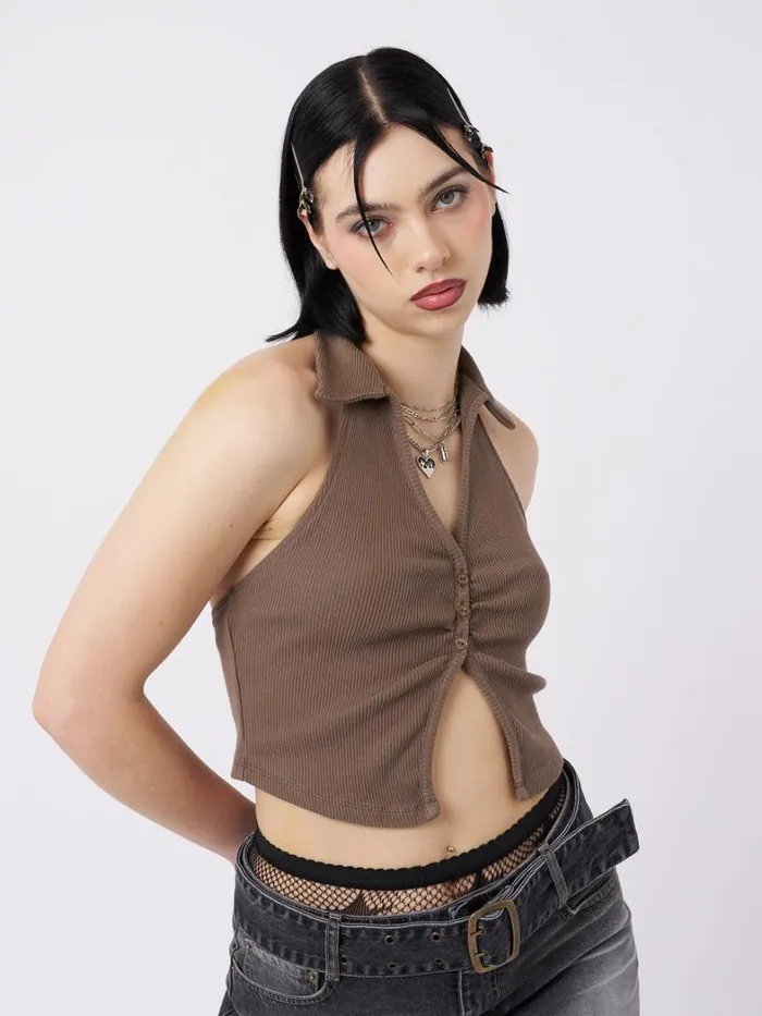 Clothing Minga London Crop Tops Raya Taupe Halter Neck Collar Top