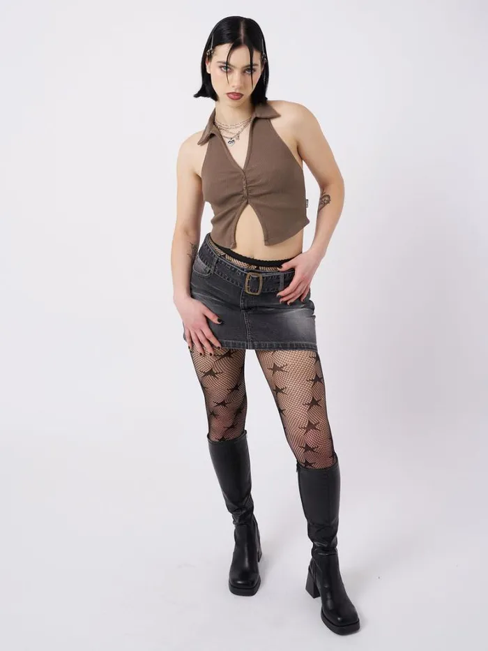 Clothing Minga London Crop Tops Raya Taupe Halter Neck Collar Top