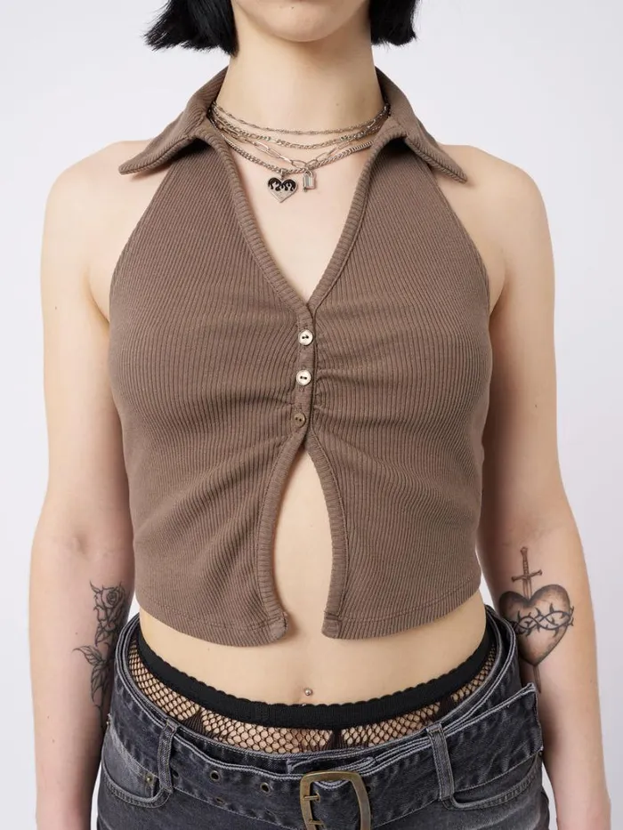 Clothing Minga London Crop Tops Raya Taupe Halter Neck Collar Top