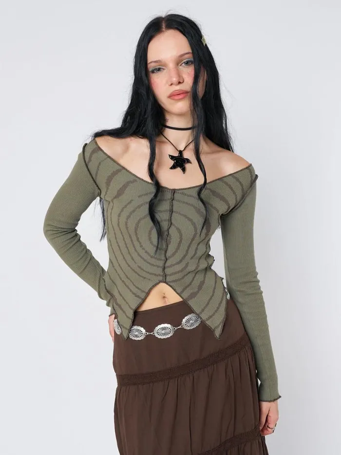 Clothing Minga London Crop Tops Tranceum Green Asymmetrical Top