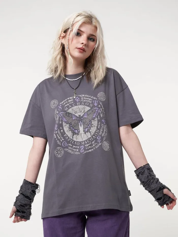 Clothing Minga London Graphic Tees Ancient Butterfly Charcoal Grey Tshirt