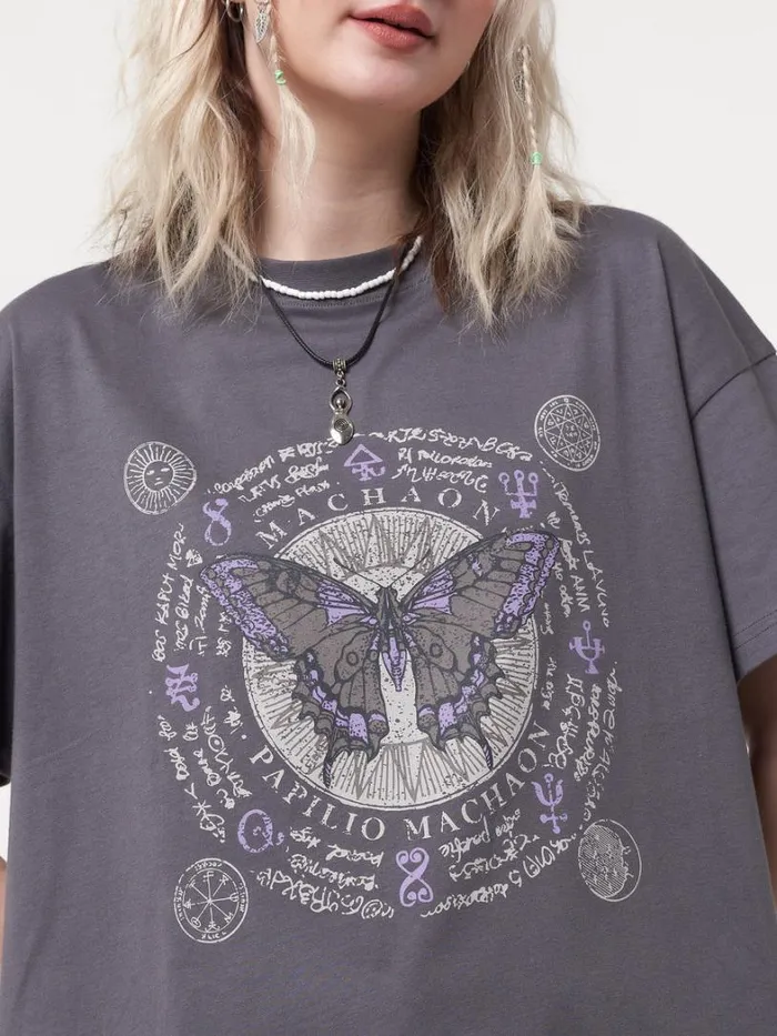 Clothing Minga London Graphic Tees Ancient Butterfly Charcoal Grey Tshirt
