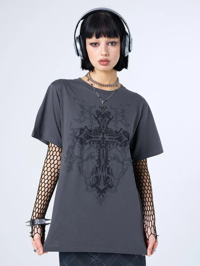 Clothing Minga London Graphic Tees Cryptic Cross Graphic Grey Tshirt
