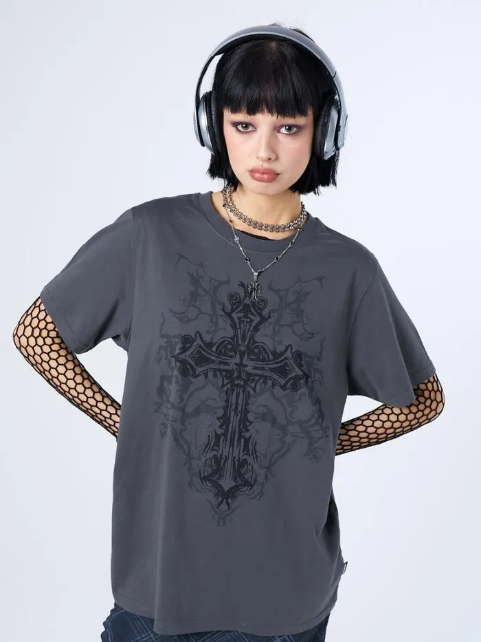 Clothing Minga London Graphic Tees Cryptic Cross Graphic Grey Tshirt