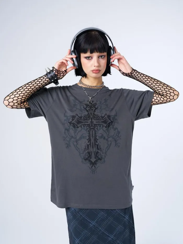 Clothing Minga London Graphic Tees Cryptic Cross Graphic Grey Tshirt