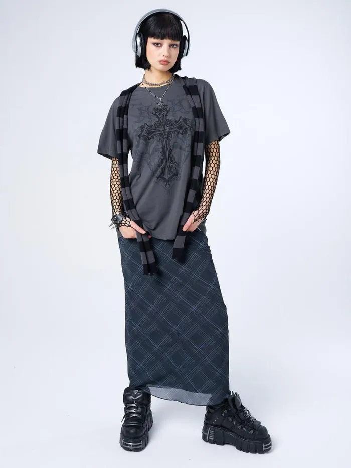 Clothing Minga London Graphic Tees Cryptic Cross Graphic Grey Tshirt