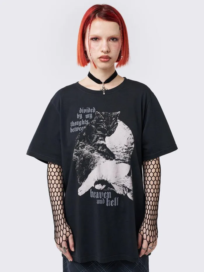 Clothing Minga London Graphic Tees Heaven and Hell Cat Graphic Tshirt