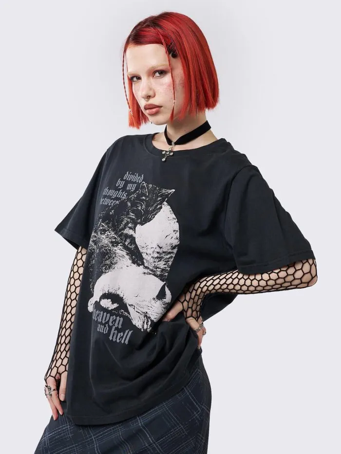 Clothing Minga London Graphic Tees Heaven and Hell Cat Graphic Tshirt