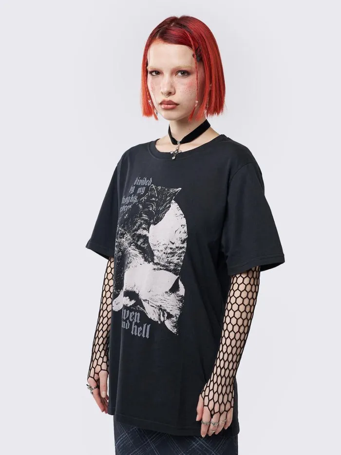 Clothing Minga London Graphic Tees Heaven and Hell Cat Graphic Tshirt