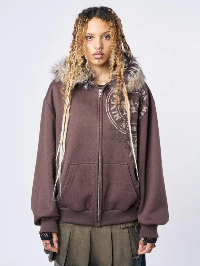 Clothing Minga London Jackets Kiara Faux Fur Neck Oversized Zip Up Hoodie
