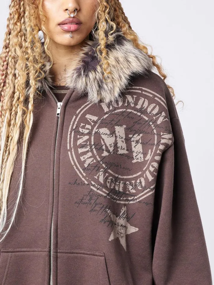 Clothing Minga London Jackets Kiara Faux Fur Neck Oversized Zip Up Hoodie
