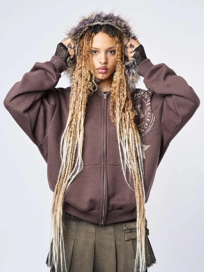 Clothing Minga London Jackets Kiara Faux Fur Neck Oversized Zip Up Hoodie