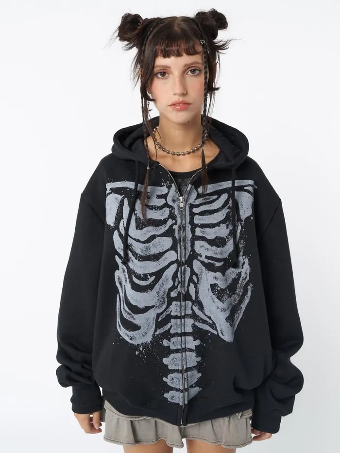 Clothing Minga London Jackets Skeleton Black Oversized Zip Up Hoodie