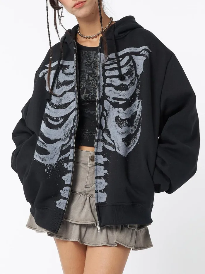 Clothing Minga London Jackets Skeleton Black Oversized Zip Up Hoodie