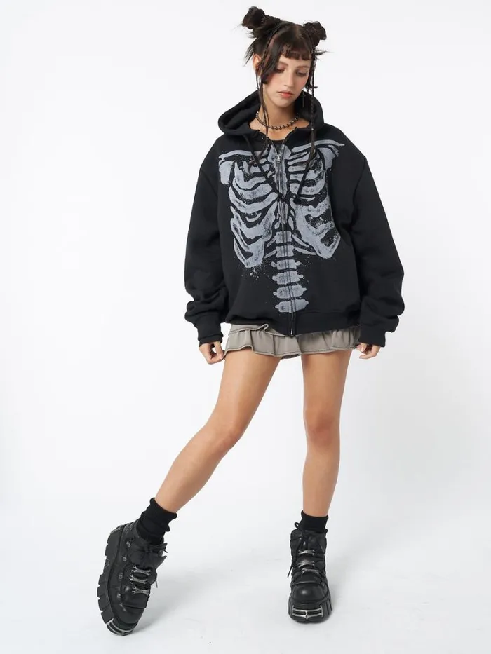 Clothing Minga London Jackets Skeleton Black Oversized Zip Up Hoodie