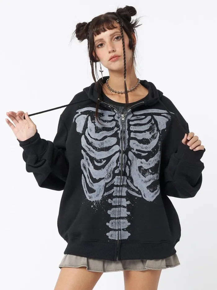 Clothing Minga London Jackets Skeleton Black Oversized Zip Up Hoodie