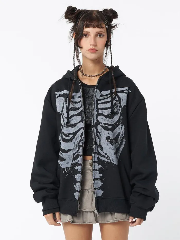 Clothing Minga London Jackets Skeleton Black Oversized Zip Up Hoodie
