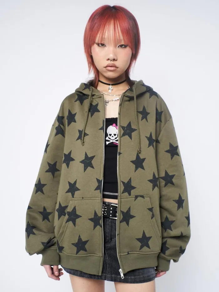 Clothing Minga London Jackets Star Print Green Oversized Zip Up Hoodie
