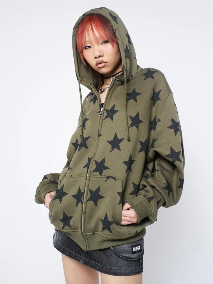 Clothing Minga London Jackets Star Print Green Oversized Zip Up Hoodie
