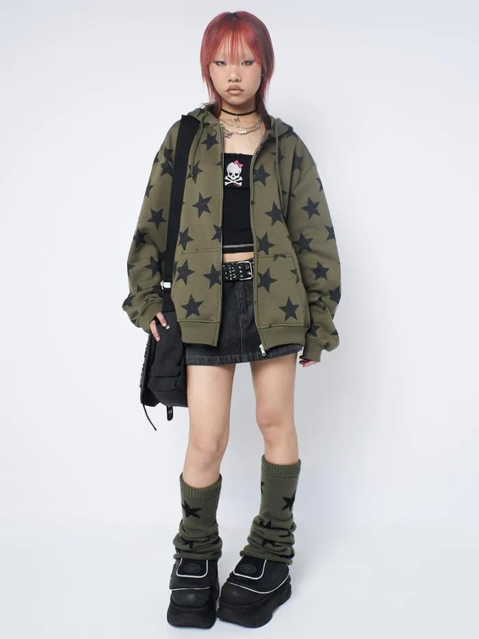 Clothing Minga London Jackets Star Print Green Oversized Zip Up Hoodie