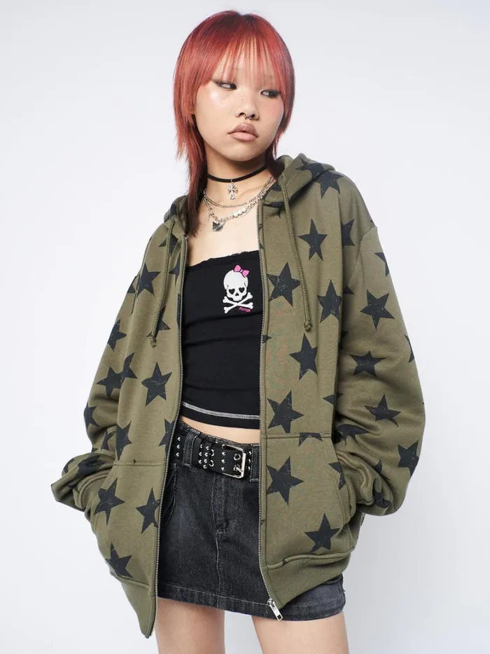 Clothing Minga London Jackets Star Print Green Oversized Zip Up Hoodie