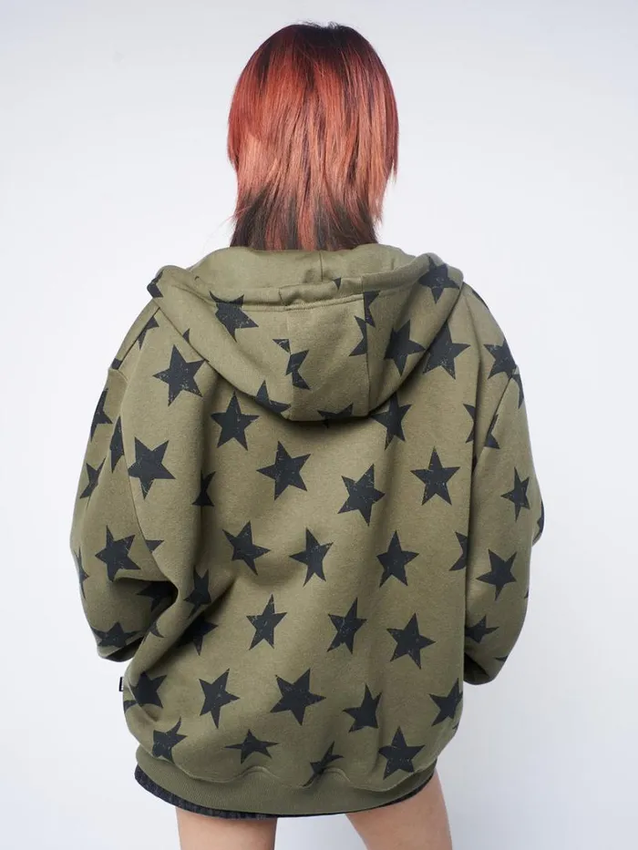 Clothing Minga London Jackets Star Print Green Oversized Zip Up Hoodie