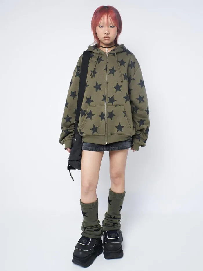 Clothing Minga London Jackets Star Print Green Oversized Zip Up Hoodie