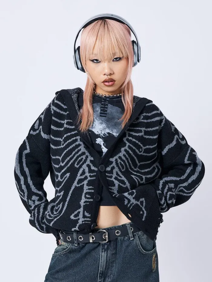 Clothing Minga London Jackets XRay Jacquard Black Hooded Knit Cardigan
