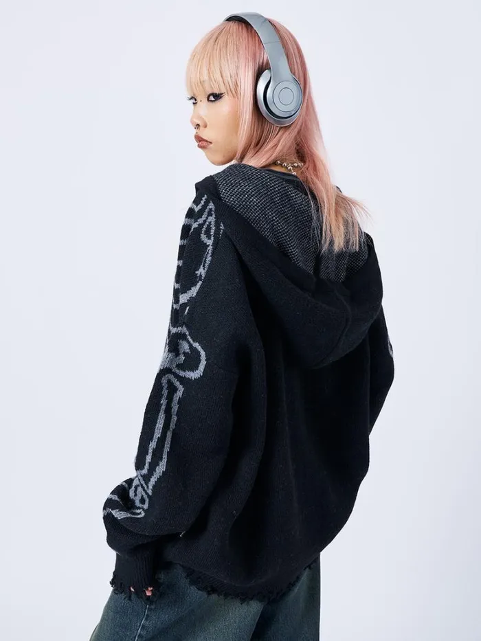 Clothing Minga London Jackets XRay Jacquard Black Hooded Knit Cardigan