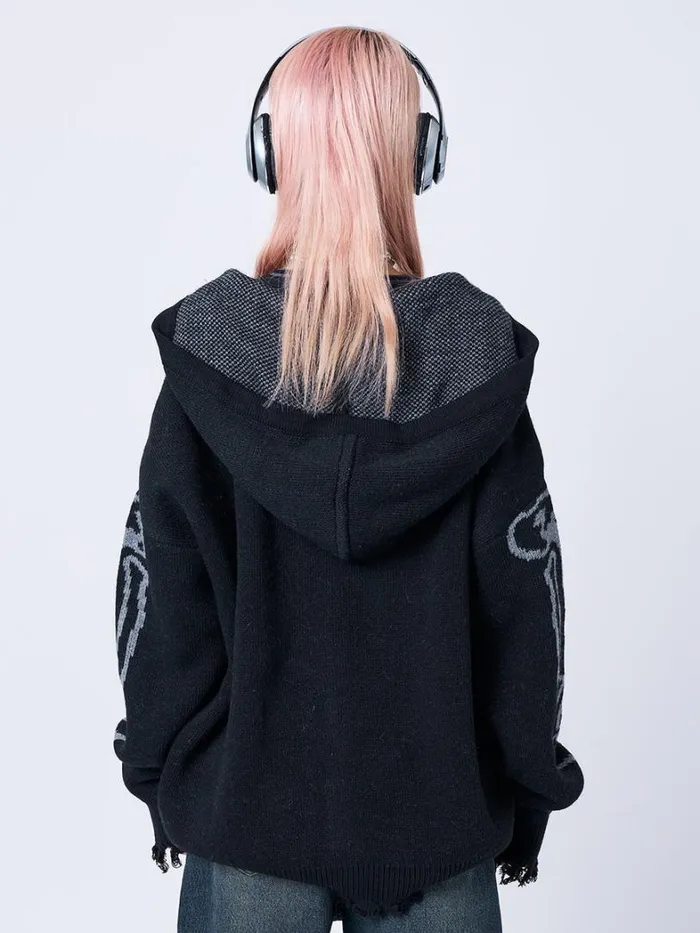 Clothing Minga London Jackets XRay Jacquard Black Hooded Knit Cardigan