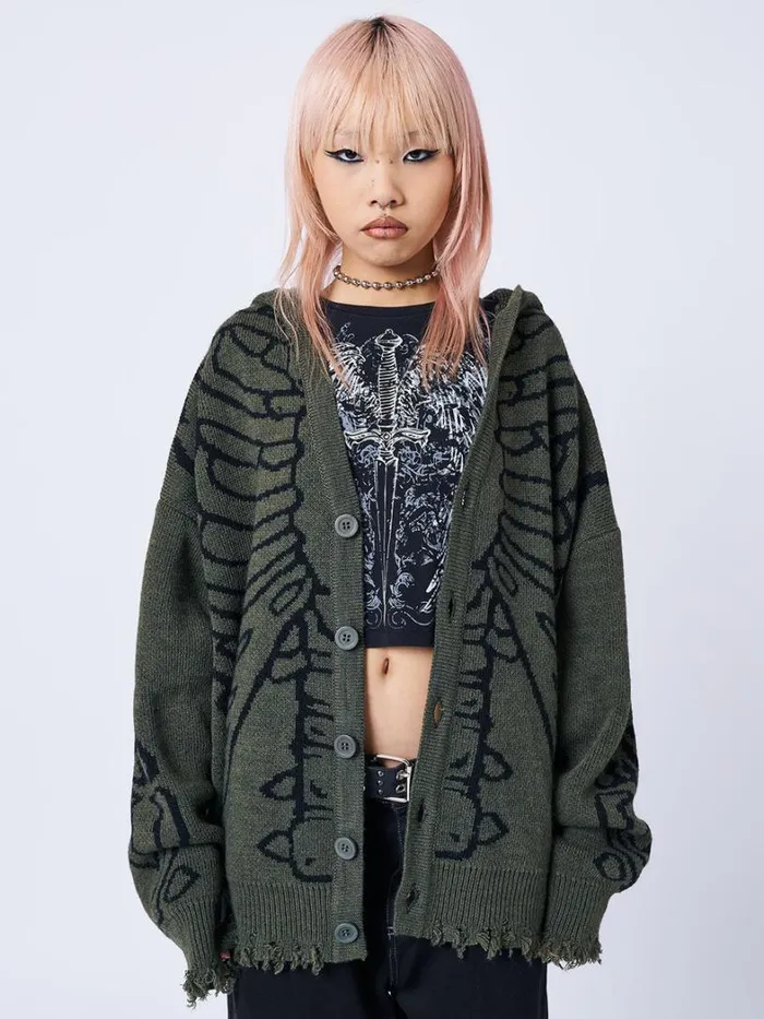 Clothing Minga London Jackets Xray Jacquard Green Hooded Knit Cardigan