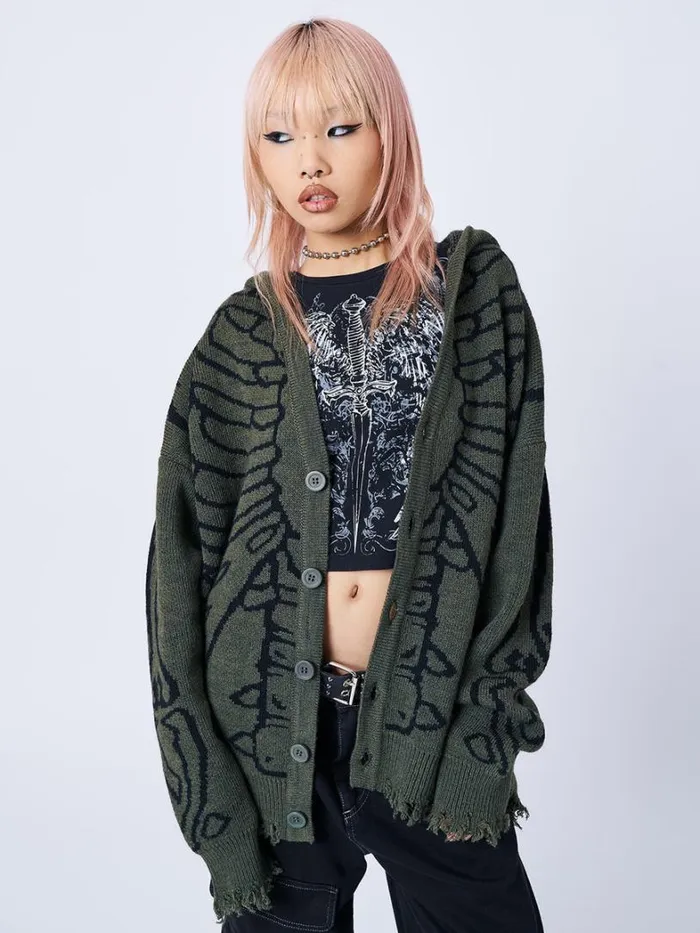 Clothing Minga London Jackets Xray Jacquard Green Hooded Knit Cardigan