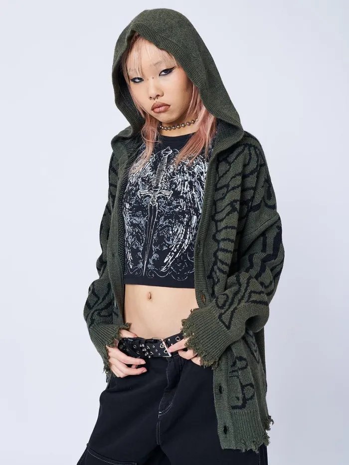 Clothing Minga London Jackets Xray Jacquard Green Hooded Knit Cardigan