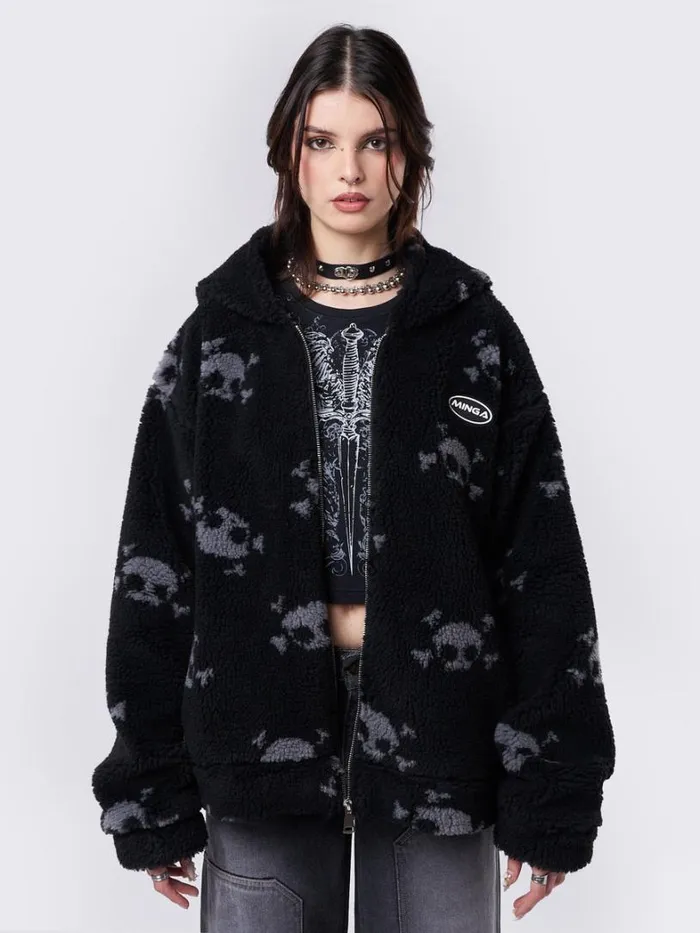 Clothing Minga London Jackets Zaya Skull Fleece Zip Up Hooded Jacket