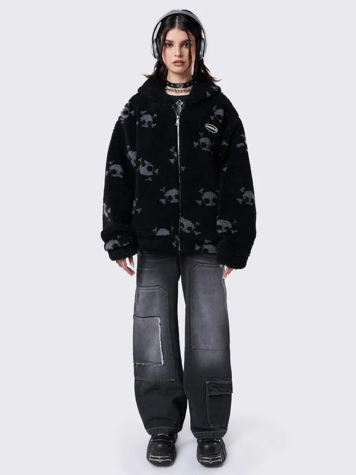 Clothing Minga London Jackets Zaya Skull Fleece Zip Up Hooded Jacket