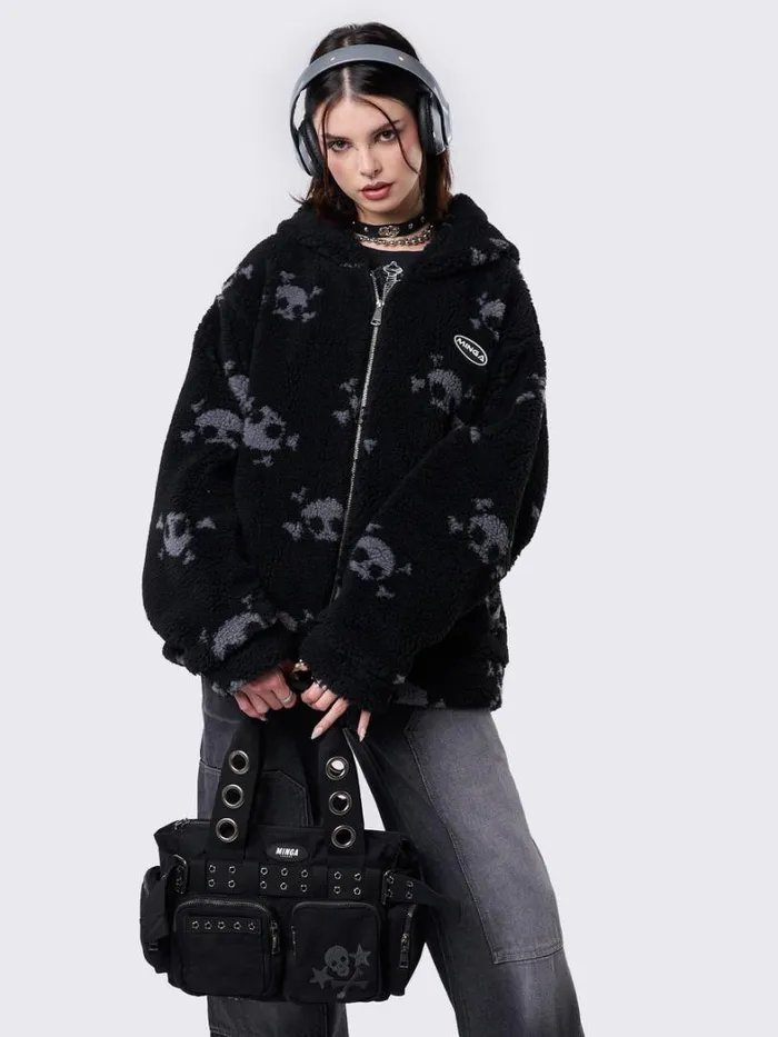 Clothing Minga London Jackets Zaya Skull Fleece Zip Up Hooded Jacket