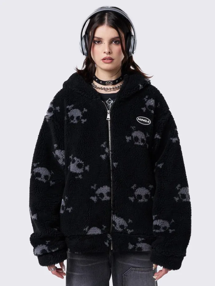 Clothing Minga London Jackets Zaya Skull Fleece Zip Up Hooded Jacket