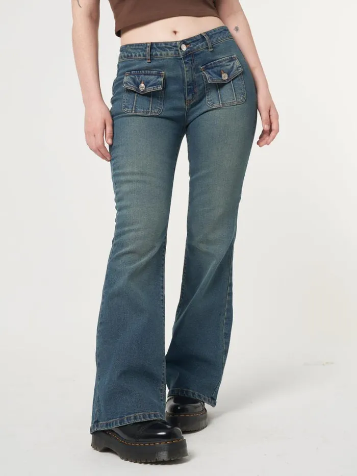 Clothing Minga London Jeans Jade Overdye Front Pocket Flare Jeans