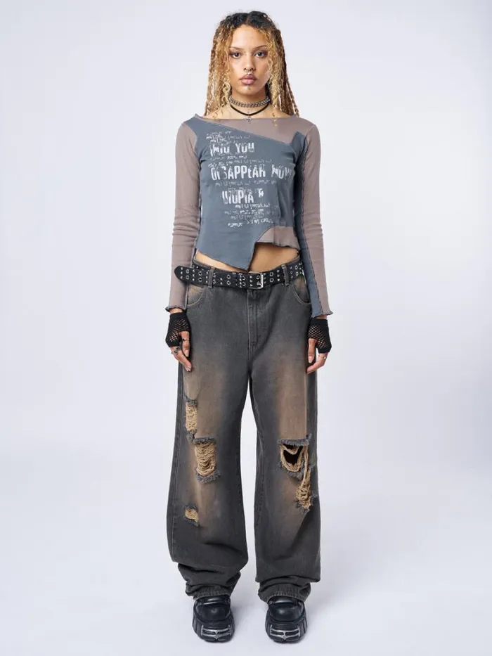 Clothing Minga London Jeans RIP039 Washed Grey Loose Baggy Jeans