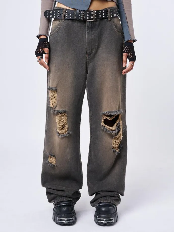 Clothing Minga London Jeans RIP039 Washed Grey Loose Baggy Jeans