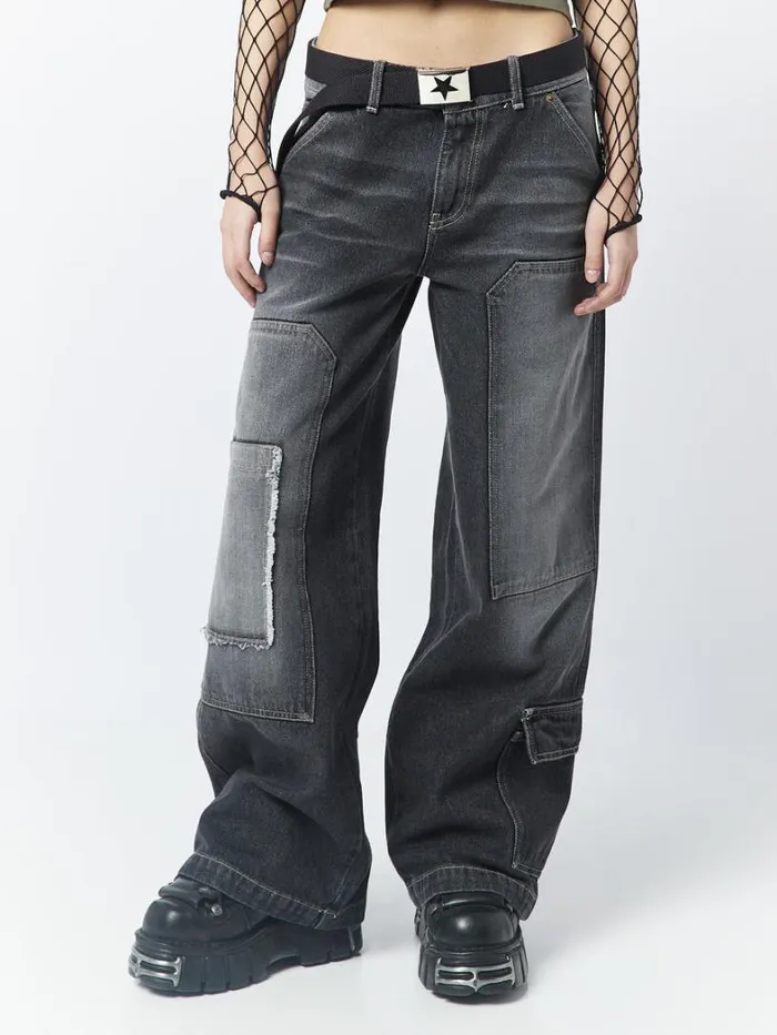 Clothing Minga London Jeans Track Black Multi Pocket Overdye Cargo Jeans