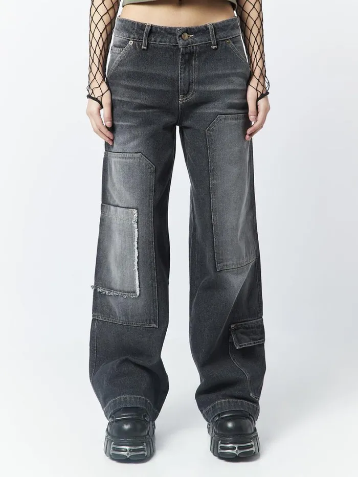 Clothing Minga London Jeans Track Black Multi Pocket Overdye Cargo Jeans